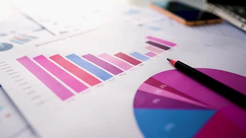 Business graph chart report papers laptop pencil slide view Stock Footage 293515023