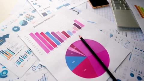 Business graph chart report papers laptop pencil view Stock Footage 293515044