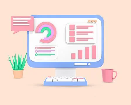 Business graph with computer mug and tree 3D icon. Иллюстрация