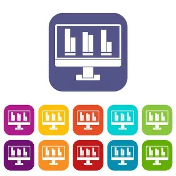 Business graph at computer screen icons set flat Stock Illustration