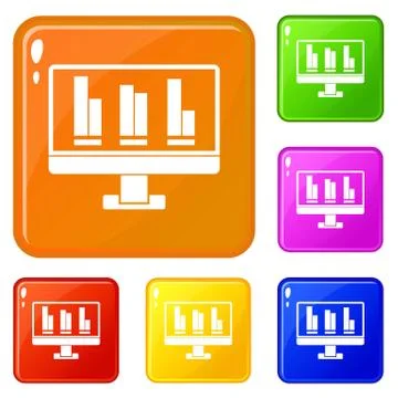 Business graph at computer screen icons set vector color Stock Illustration