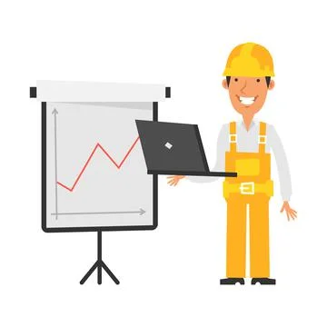 Business graph with positive indicator. Builder holds laptop and smiles. Vect Stock Illustration