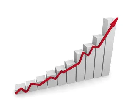 Business graph with red upswing arrow on a white background, 3d rendering Stock Illustration