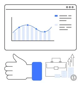 Business graph on screen, thumbs-up gesture, briefcase, stacked coins, and as Stock Illustration
