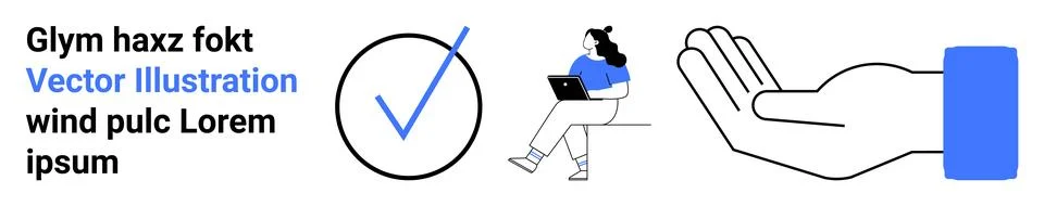 Business Graphics Text, Check Mark, Woman with Laptop, Open Hand, Blue Square Stock Illustration