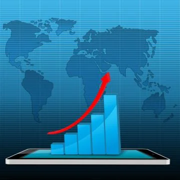 Business graphs with global map on blue background. Stock Illustration