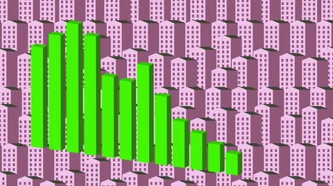 Business green 3D graph chart on apartment building pink background. Price Ilustración de archivo
