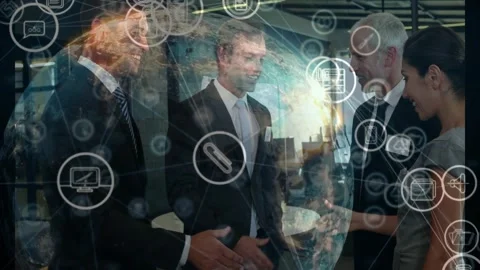 Business group starting handshake continuing into circle, globe icons filling Stock Footage 330195485