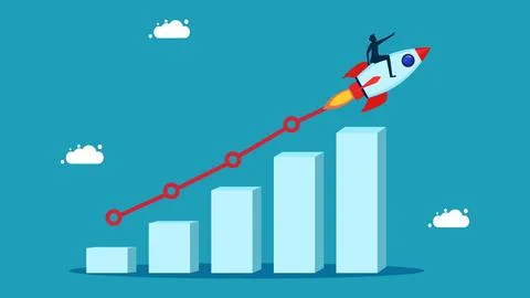 The business is growing rapidly. Progress or development concept. Businessman Illustrazione stock