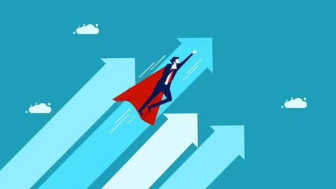 Business grows. High performance or leadership. Businessman superhero flying  Stock Illustration