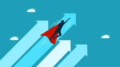 Business grows. High performance or leadership. Businessman superhero flying  Stock Illustration
