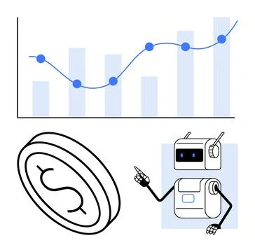 Business Growth Analytics Represented by Graphs, Robot, and Coin Symbol イラスト素材
