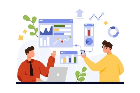 Business growth analytics, statistic analysis and planning in cyberspace by tiny Illustrazione stock