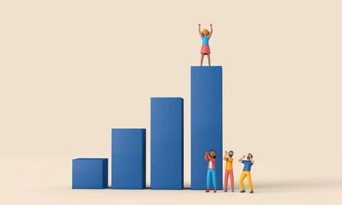 Business growth and development illustration. People on a bar chart. 3D Stock Illustration
