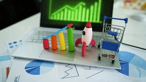 Business Growth and E-commerce Concept, Colorful bar graph, rocket, and sho.. Stock Footage 304881855