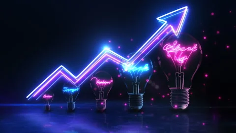 Business growth concept with increasing light bulbs and neon arrow Stock Footage 334514598