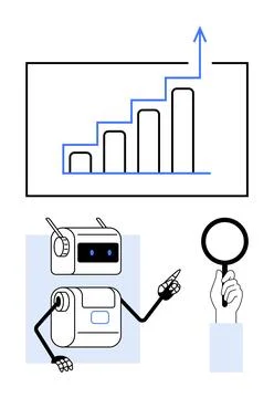 Business Growth Robot Analyzing Data Chart with Magnifying Glass and Upward.. Stock Illustration