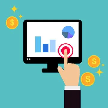 Business hand click on computer screen  with business information and coins Stock Illustration