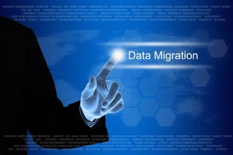 Business hand clicking data migration button on touch screen Stock Illustration