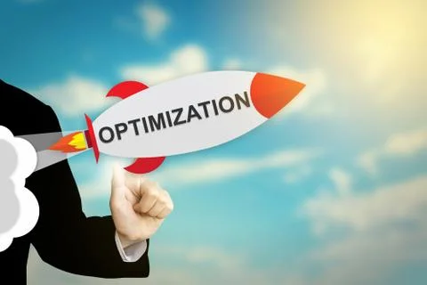 Business hand clicking optimization rocket Foto stock