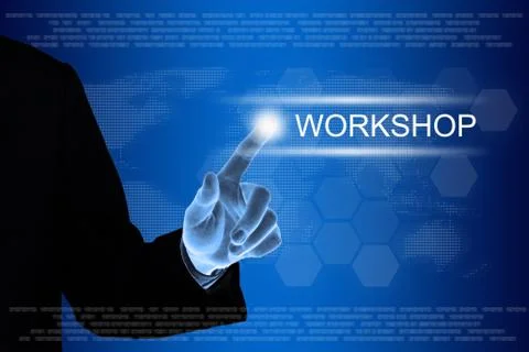 Business hand clicking workshop button on touch screen Stock Illustration