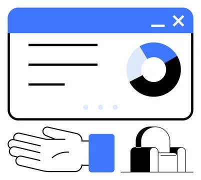 Business Hand Gesture with Web Interface and Pie Chart for Data Analysis an.. Stock Illustration