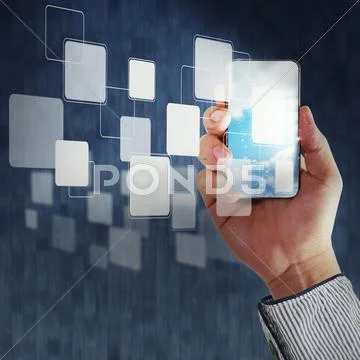 Business hand hold touch screen mobile phone and buttons Stock Illustration