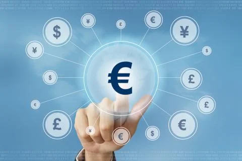 Business hand press euro currency button Foto stock