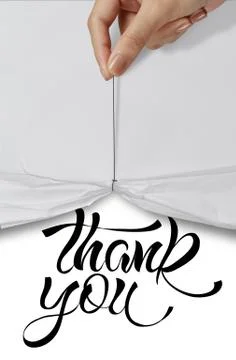 Business hand pull rope open wrinkled paper show thank you design text as con Stock Illustration