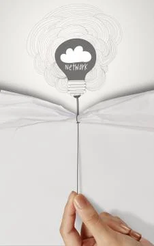 Business hand pull rope open wrinkled paper show cloud network icon design te Illustrazione stock