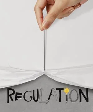 Business hand pull rope open wrinkled paper show regulation design text as co Stock Illustration