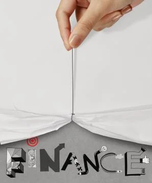 Business hand pull rope open wrinkled paper show finance design text as conce Ilustración de archivo