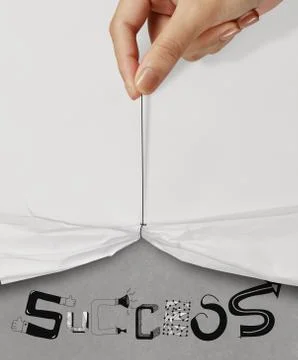 Business hand pull rope open wrinkled paper show success design text as conce Stock Illustration