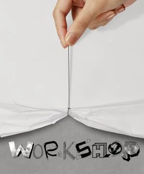 Business hand pull rope open wrinkled paper show workshop design text as conc Stock Illustration
