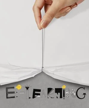 Business hand pull rope open wrinkled paper show e-learning design text as co Stock Illustration