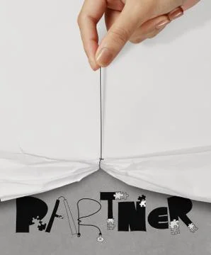 Business hand pull rope open wrinkled paper show partner design text as conce Stock Illustration