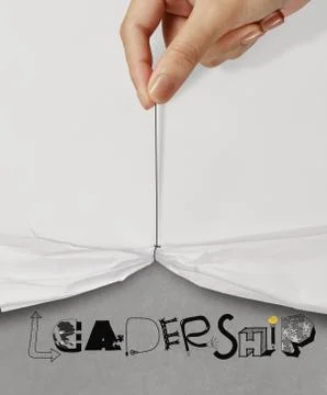 Business hand pull rope open wrinkled paper show leadership design text as co Stock Illustration