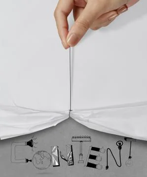 Business hand pull rope open wrinkled paper show content design text as conce Stock Illustration