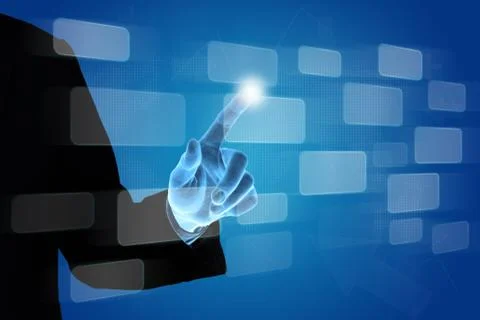 Business hand pushing button on virtual screen Stock Photos