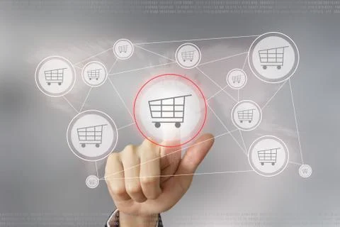 Business hand pushing e-commerce button Stock Photos