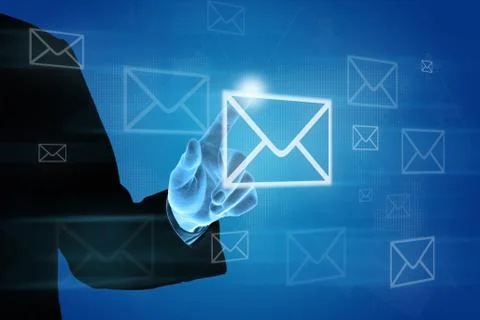 Business hand pushing e-mail on virtual screen Stock Photos
