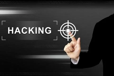 Business hand pushing hacking button on touch screen Stock Photos