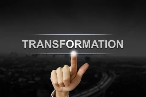 Business hand pushing transformation button on black blurred background Illustrazione stock