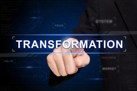 Business hand pushing transformation button on virtual screen Foto stock