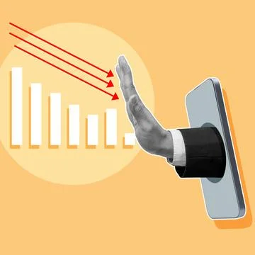 The business hand refuses a decrease the financial graph through the mobile.. Stock Photos