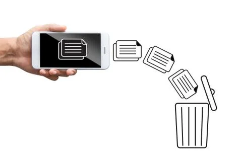 Business hand throw data file from mobile to trash bin Stock Photos