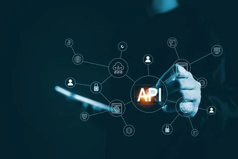 Business hand touching API connection interface digital network icons repre.. 스톡 사진