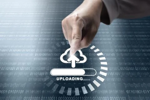 Business hand touching virtual cloud upload icon with progress bar on a blu.. Fotos Stock