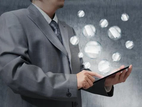 Business hand use tablet computer with bubble 스톡 일러스트