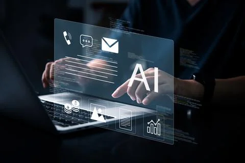 Business hand using artificial intelligence system, displaying email, finan.. Foto stock